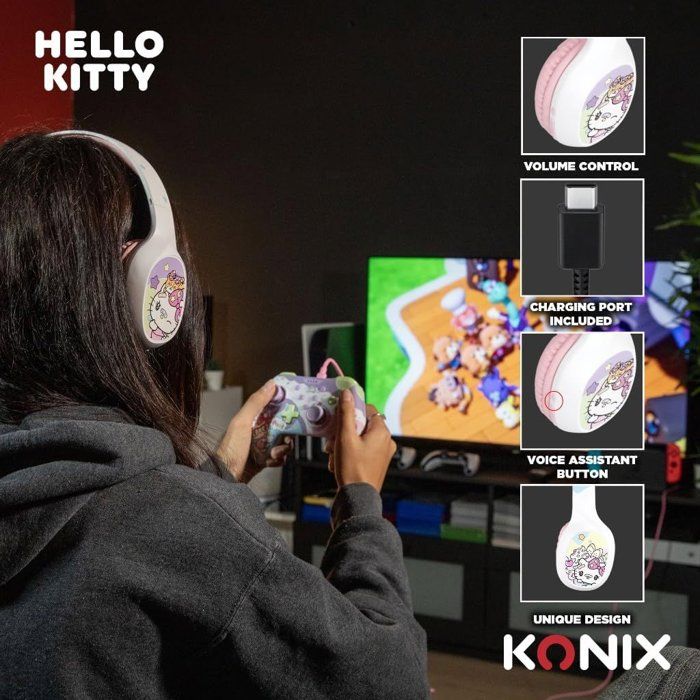 Casque audio - Sans fil - Konix - Hello Kitty - Bluetooth 5.3 PC, smartphones et tablettes - Autonomie 30 h - Blanc et rose