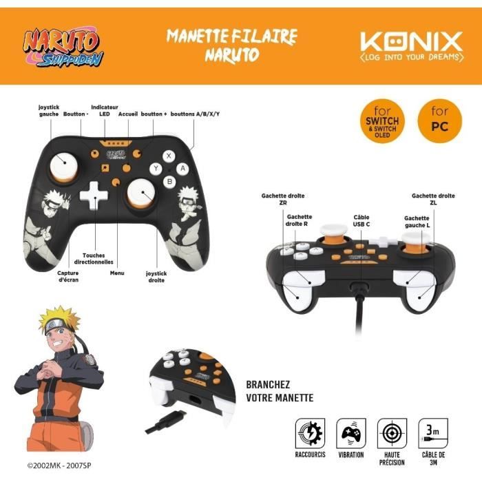 Manette filaire - KONIX - Naruto Shippuden Nintendo Switch / Switch 2 / PC - Fonction vibration - Câble 3 m - Motif Naruto - Noir