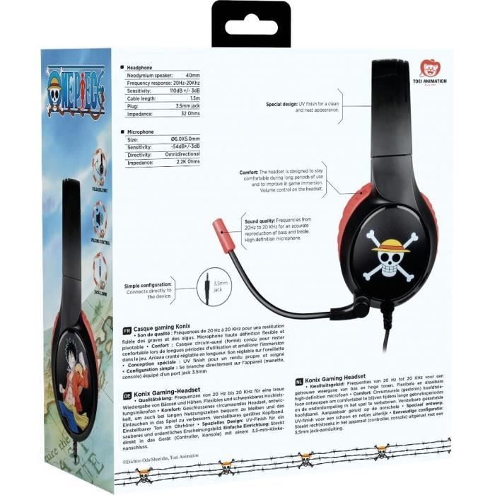 Casque gaming filaire - KONIX - One Piece - PC, PS4, PS5, Switch et Xbox - Microphone - Câble 1,5 m - Prise Jack 3,5 mm - Luffy