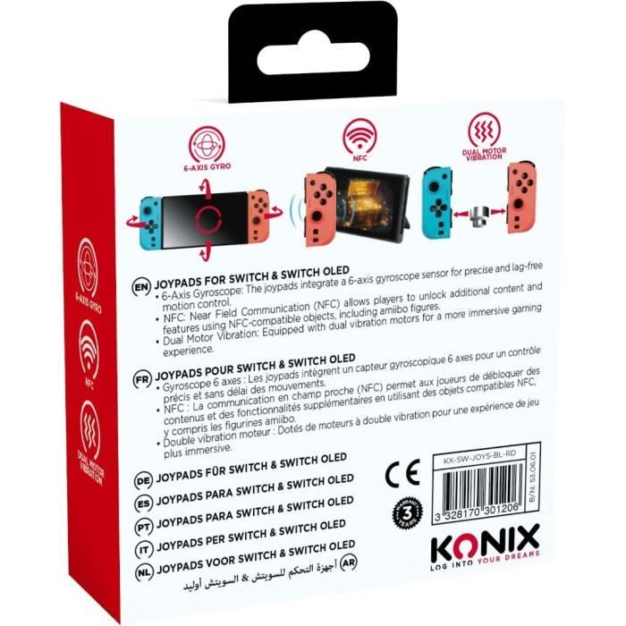 Manettes Joypads - Nintendo Switch et Switch OLED - KONIX - Autonomie 8 h - Fonction vibration - Bleu et rouge