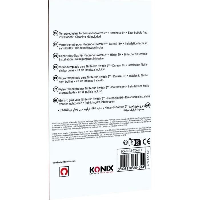 Protection d'écran verre trempé - KONIX - Nintendo Switch 2 - Anti-bulle - Anti-rayures - Indice de dureté 9H - 100 % transparent