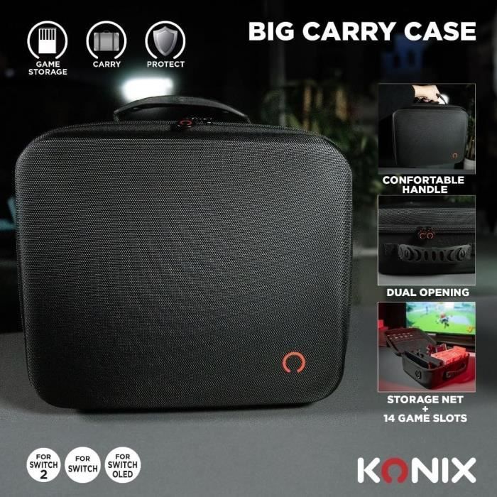 Sacoche de protection et transport - KONIX - Big Carry Case Nintendo Switch 2 - Rangement accessoires - 14 compartiments jeux - Noir