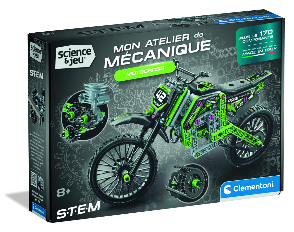 Motocross - CLEMENTONI - Mon Atelier Mécanique - Avec + 170 pieces - Des 8 ans - Fabriqué en Italie - Coffret de construction enfant