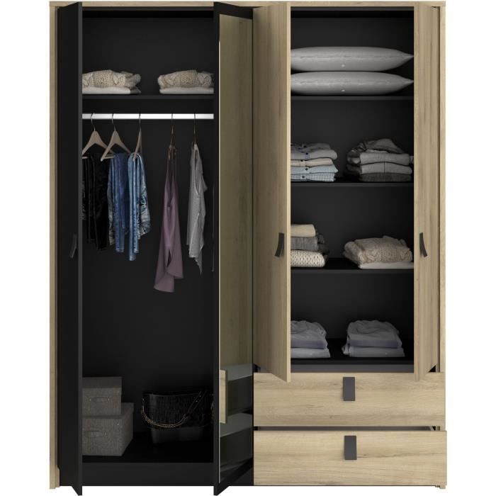 Armoire - Chene / Noir - 4 portes 2 tiroirs - 162 x 52,1 x 199,2 cm - PARISOT