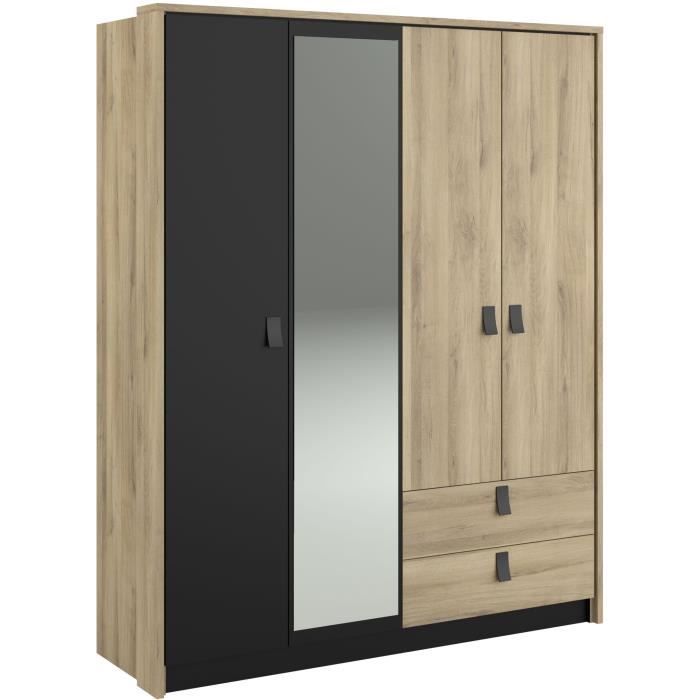 Armoire - Chene / Noir - 4 portes 2 tiroirs - 162 x 52,1 x 199,2 cm - PARISOT