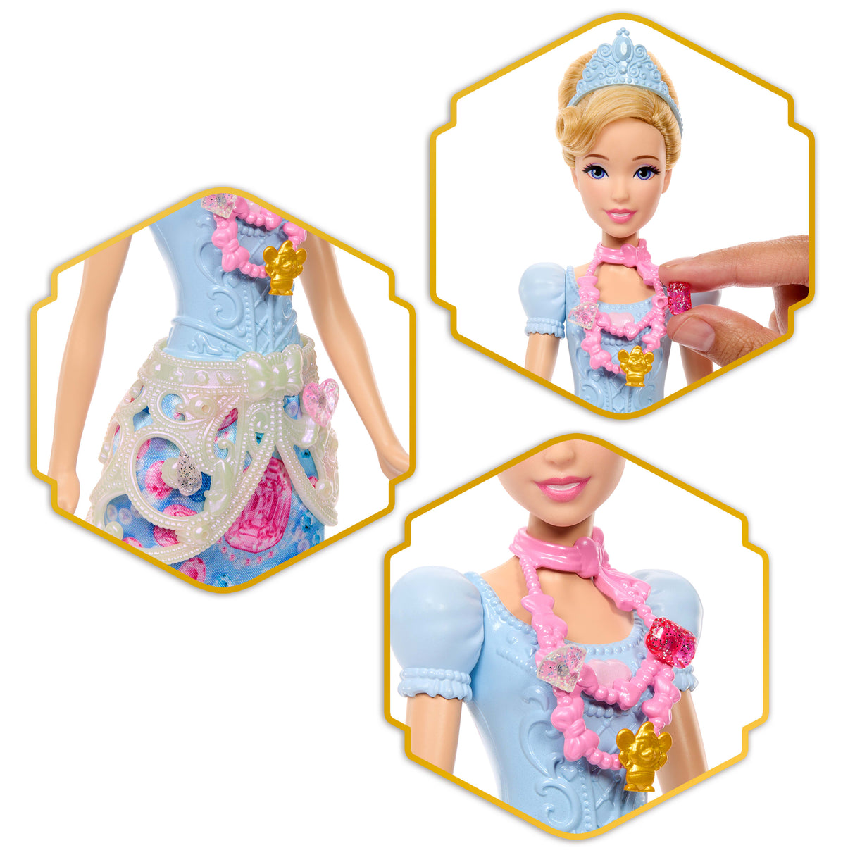 Poupée Jewel Reveal Cendrillon, Accessoires avec 8 surprises, 1 boîte a bijoux en forme de coeur, 1 bague pour enfant et 9 éléments,