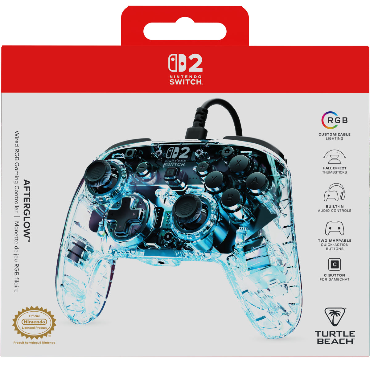 Manette de jeu - Nintendo Switch 2 - Afterglow - RGB - Filaire - Transparent - Turtle Beach