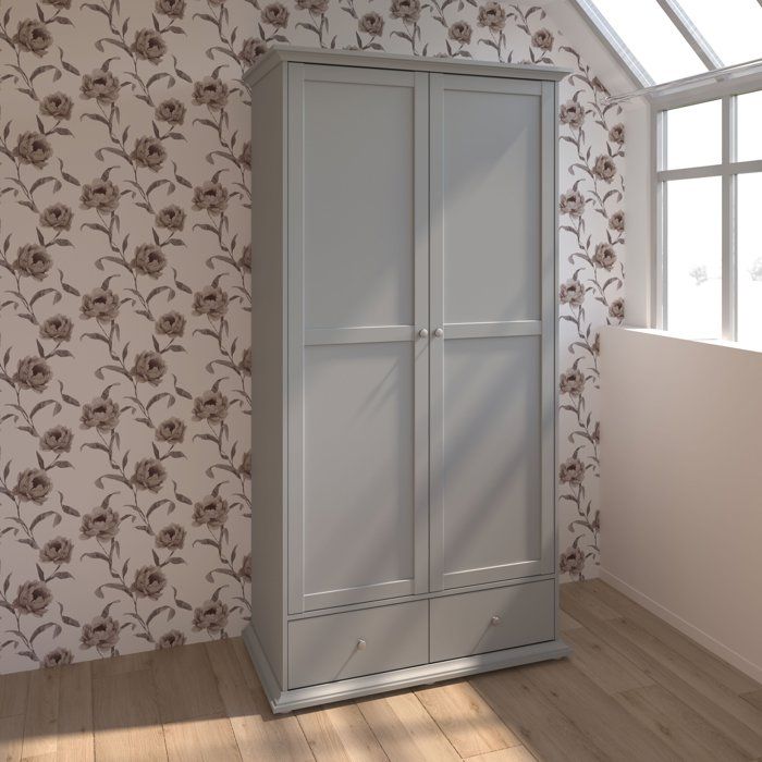 Armoire de chambre - MARGAUX - Gris galet- 2 portes + 2 tiroirs - Style charme - L104 x P53 x H202 cm