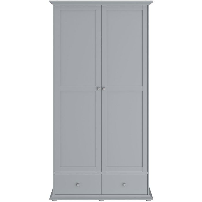 Armoire de chambre - MARGAUX - Gris galet- 2 portes + 2 tiroirs - Style charme - L104 x P53 x H202 cm