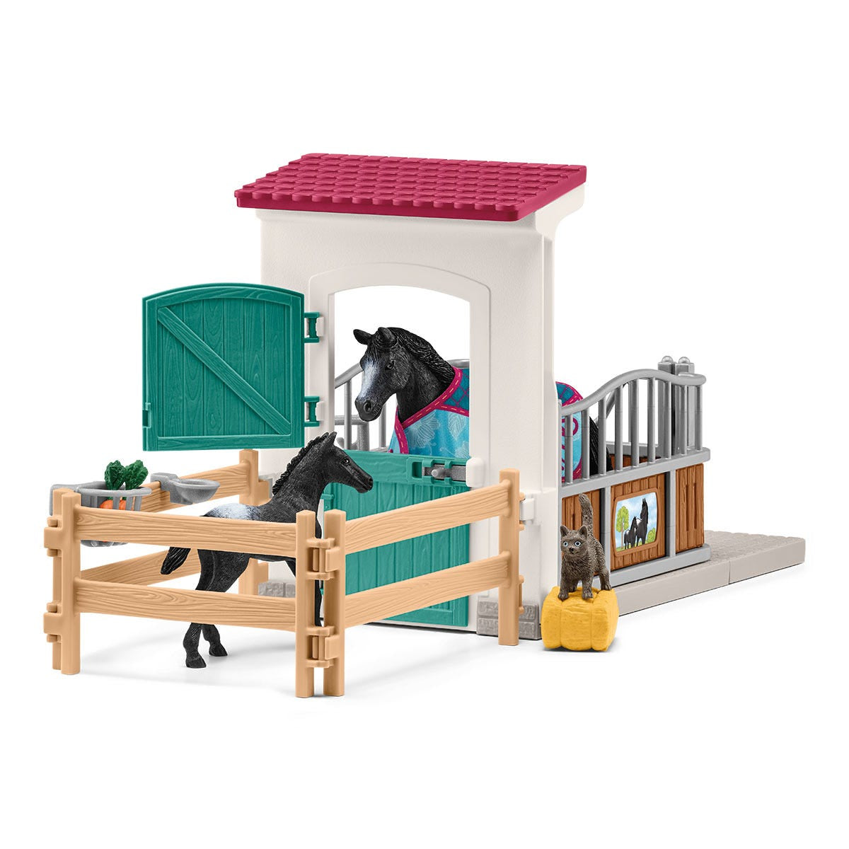 Box pour cheval avec jument et poulain, coffret schleich avec 34 éléments inclus dont 2 chevaux schleich, coffret figurines pour