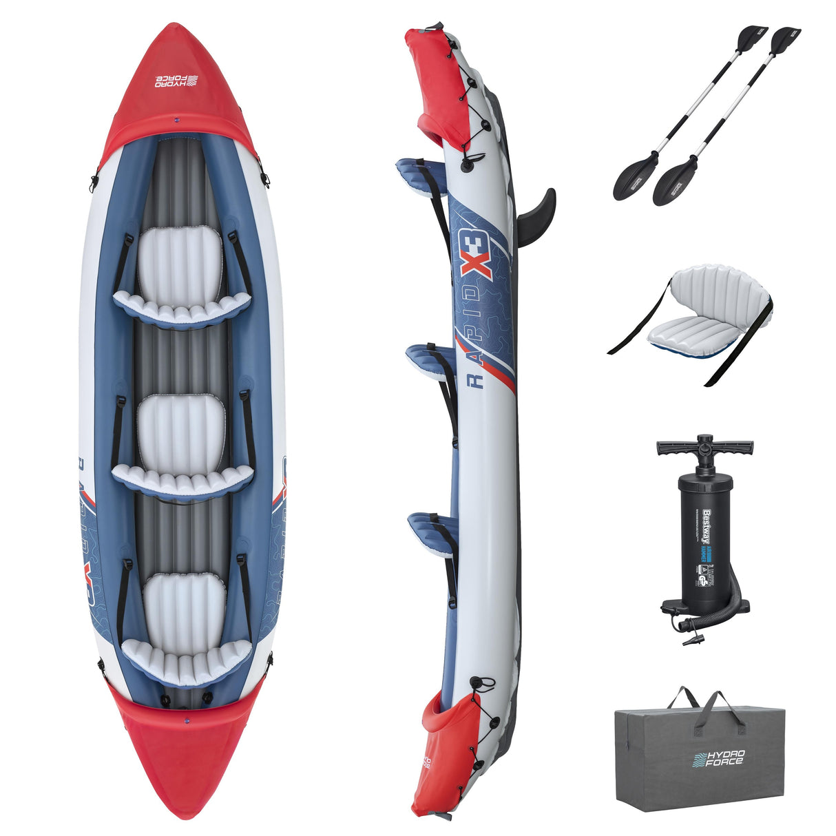 Kayak gonflable - BESTWAY - 65132 - Rapide X3 Hydro-Force™ - 381 x 100 cm, 3 places, 250 kg max, 2 pagaies, pompe