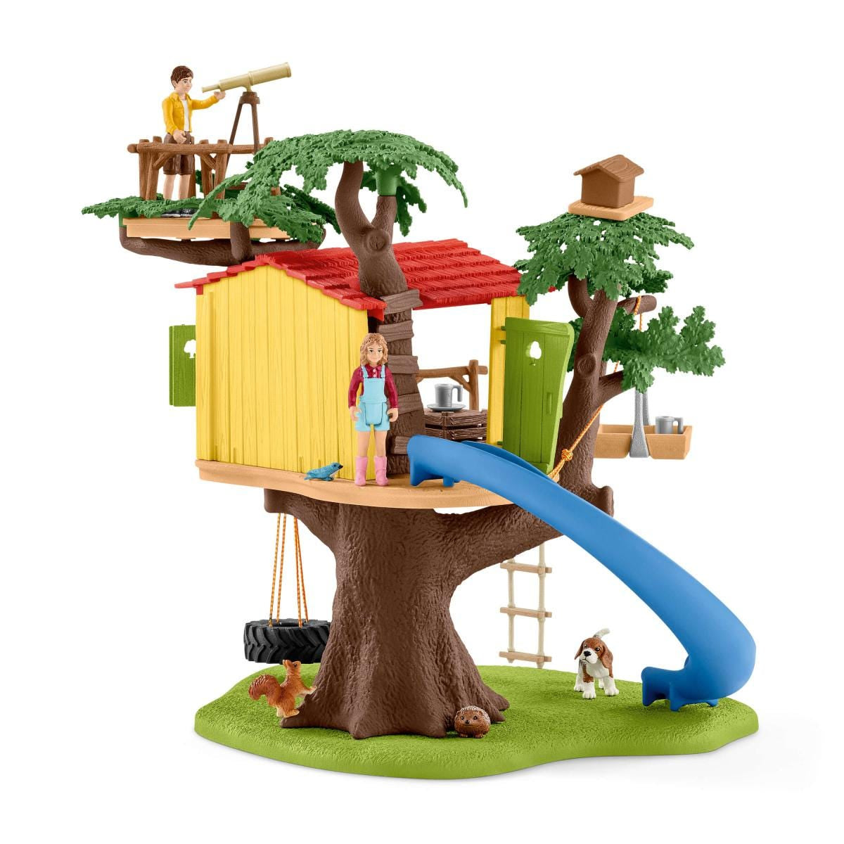 Cabane aventure dans les arbres, coffret de 60 pieces détaillées avec balançoire, 2 figurines d'enfant et figurines d'animaux,