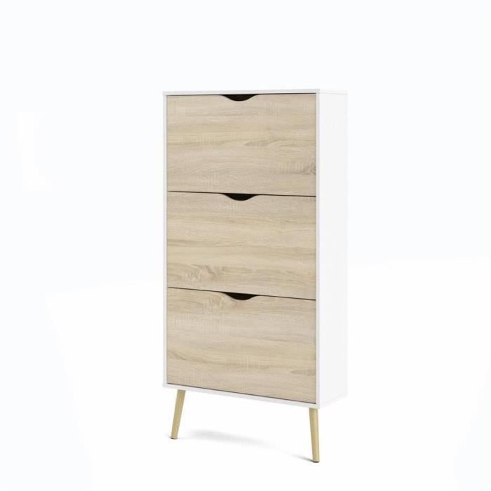 Meuble a chaussures - Décor Blanc et chene - 12 paires - Style scandinave - L70,2 x P23,9 x H138,9 cm - ARO