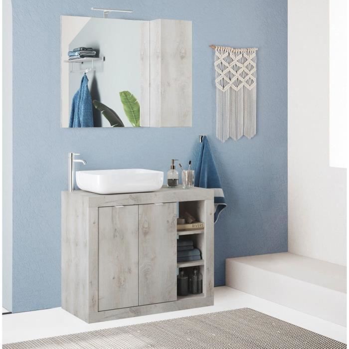 Meuble simple vasque - 2 Portes + 3 niches - L 92 x P47 x H 90cm - effet chene pin clair