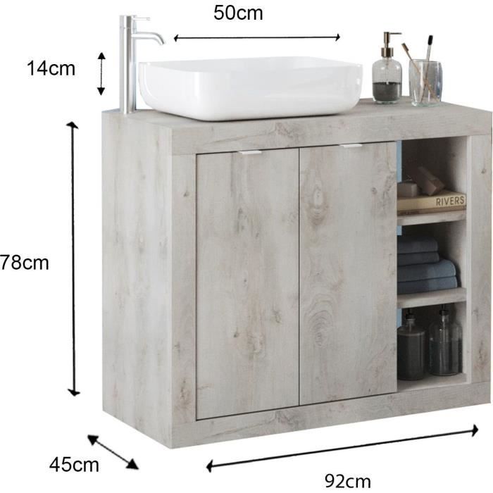 Meuble simple vasque - 2 Portes + 3 niches - L 92 x P47 x H 90cm - effet chene pin clair