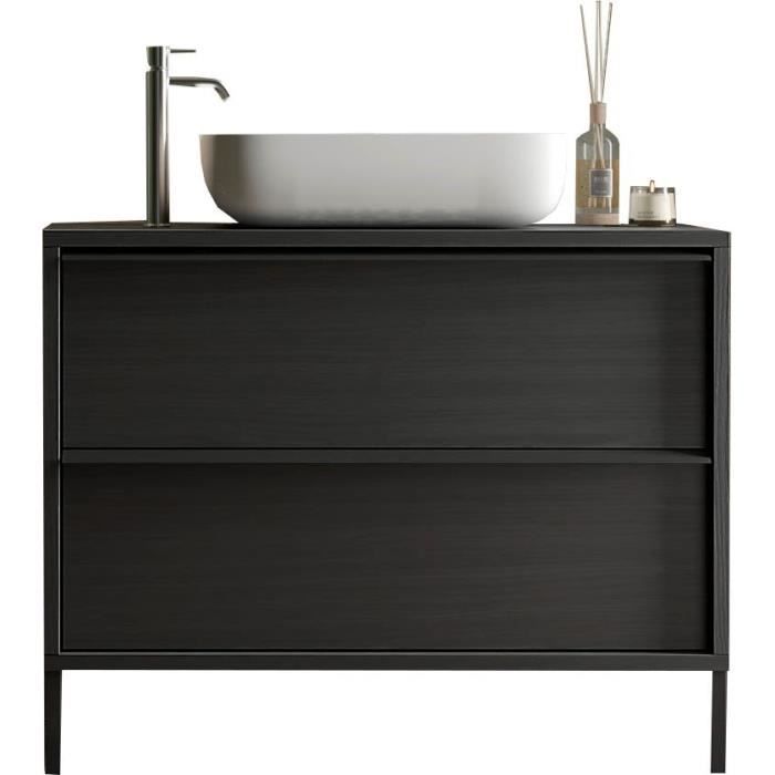 Meuble simple vasque - 2 tiroirs - L92 x H90 x P47cm - Coloris Chene noir - STEEL