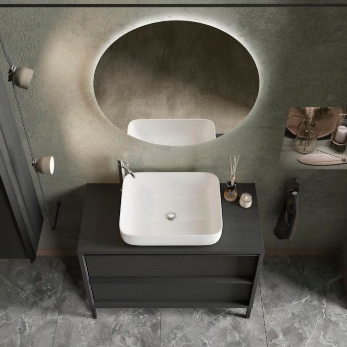 STEEL - Ensemble Meuble salle de bain sur pieds L 92cm + vasque + 2 Tiroirs - Coloris Chene noir brulÈ