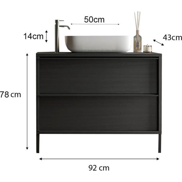 STEEL - Ensemble Meuble salle de bain sur pieds L 92cm + vasque + 2 Tiroirs - Coloris Chene noir brulÈ