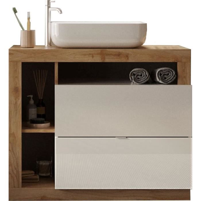 Ensemble meuble Salle de bain 78cm simple vasque + colonne - Coloris chene clair et laqué blanc - HAMBOURG