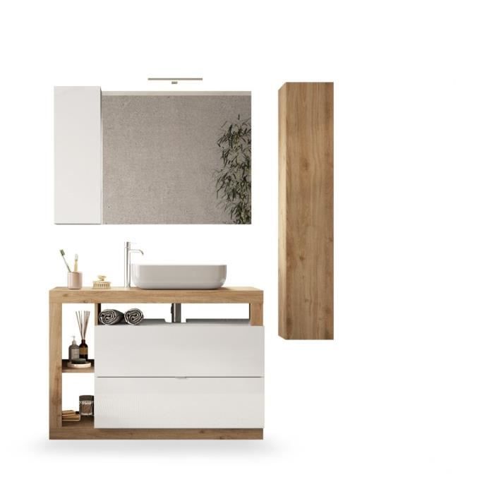 Ensemble meuble Salle de bain 110cm simple vasque + colonne - Coloris chene clair et laqué blanc - HAMBOURG