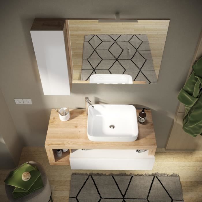 Ensemble Meuble salle de bain L110cm - Vasque + 2 Tiroirs + 3 niches - Coloris chene clair et laqué blanc - HAMBOURG