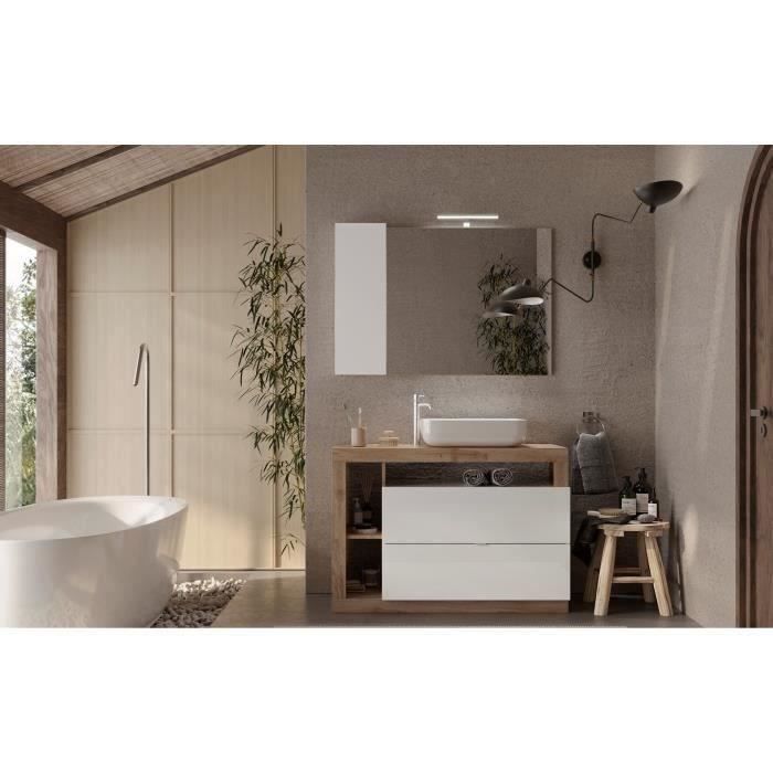 Ensemble Meuble salle de bain L110cm - Vasque + 2 Tiroirs + 3 niches - Coloris chene clair et laqué blanc - HAMBOURG