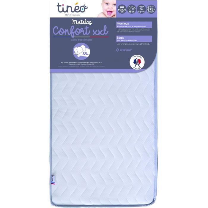 Matelas BÈbÈ Confort XXL TINEO 60x120x15cm - Sans Traitement - FabriquÈ En France - Garantie 2 Ans