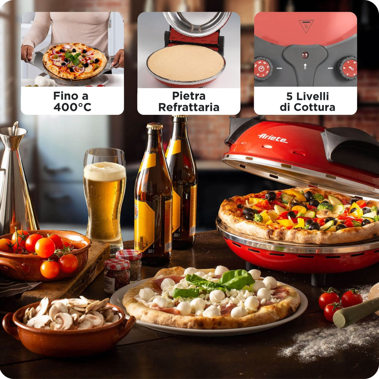 Four a Pizza électrique ARIETE - Rouge - Pierre réfractaire - 1200W - Diametre 33cm - Température max 400°C