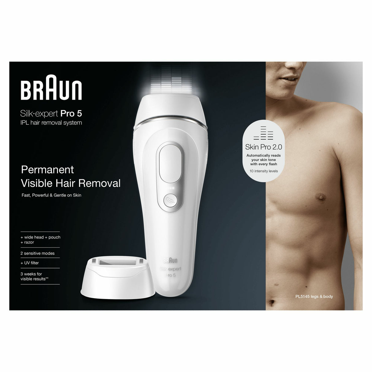 Épilateur a Lumiere Pulsée - BRAUN - Silk·expert Pro 5 Blanc- Épilation a la maison - Pochette - Rasoir Venus- 2 Tetes - PL5152