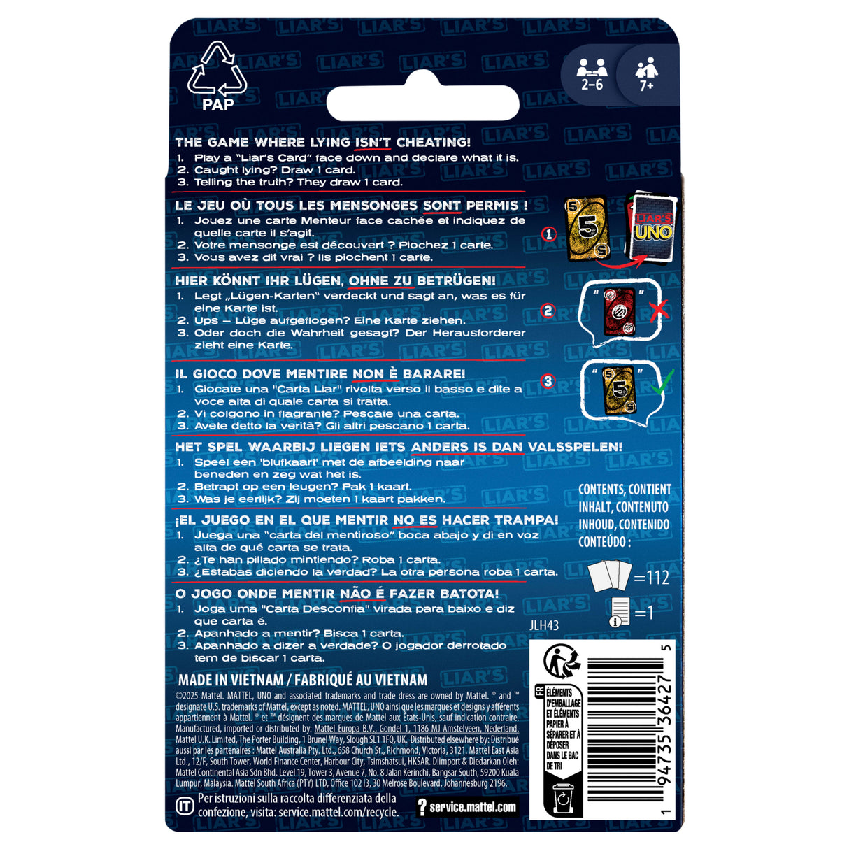 UNO Liar's - Jeu de cartes pour adultes, enfants, familles - Jeu d'astuce et de bluff - Mattel Games - JLH43 - 7 ans et +