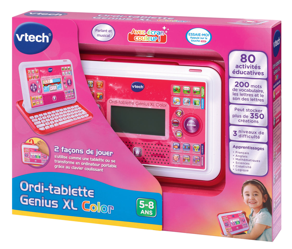 Ordi-Tablette Enfant VTECH Genius XL Color Rose - 2 en 1 avec écran couleur - Mixte - A partir de 5 ans