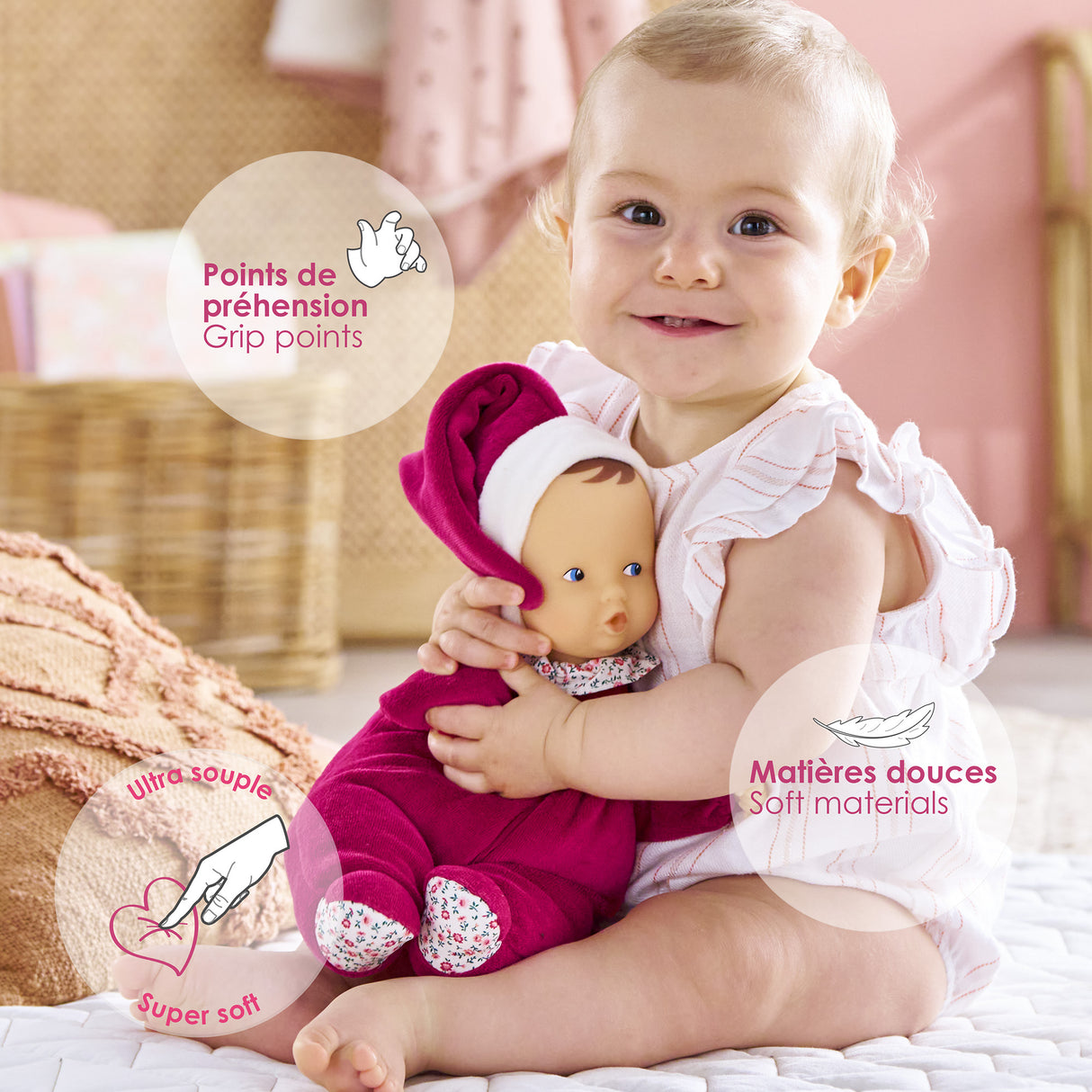 Doudou - COROLLE - Babipouce Rose Grenadine - 28 cm - senteur vanille - des la naissance
