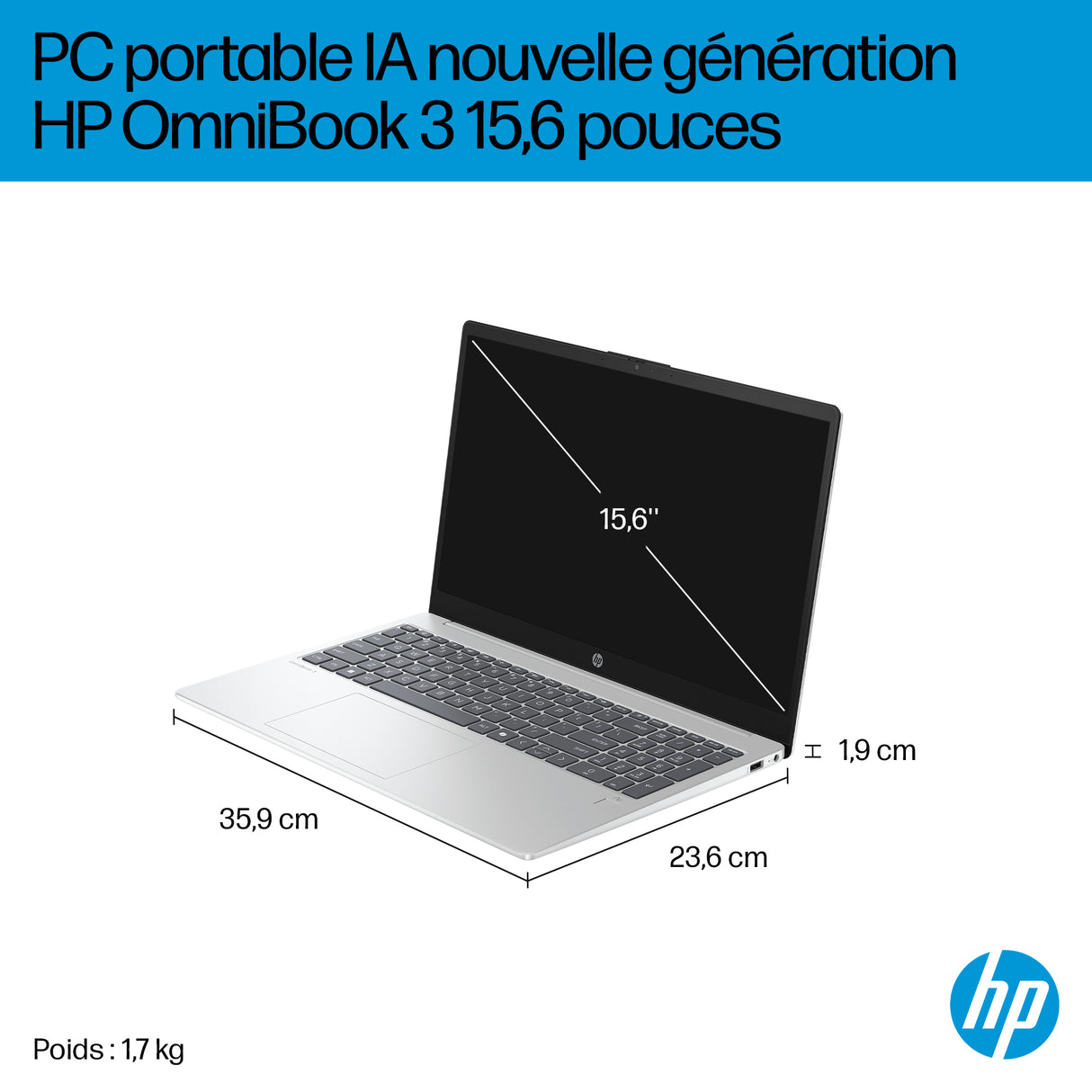 PC Portable HP Omnibook 3 15-fn0021nf - Windows 11 - 15,6 FHD IPS - Ryzen AI 5 340 - RAM 24Go - Stockage 512Go SSD - AZERTY