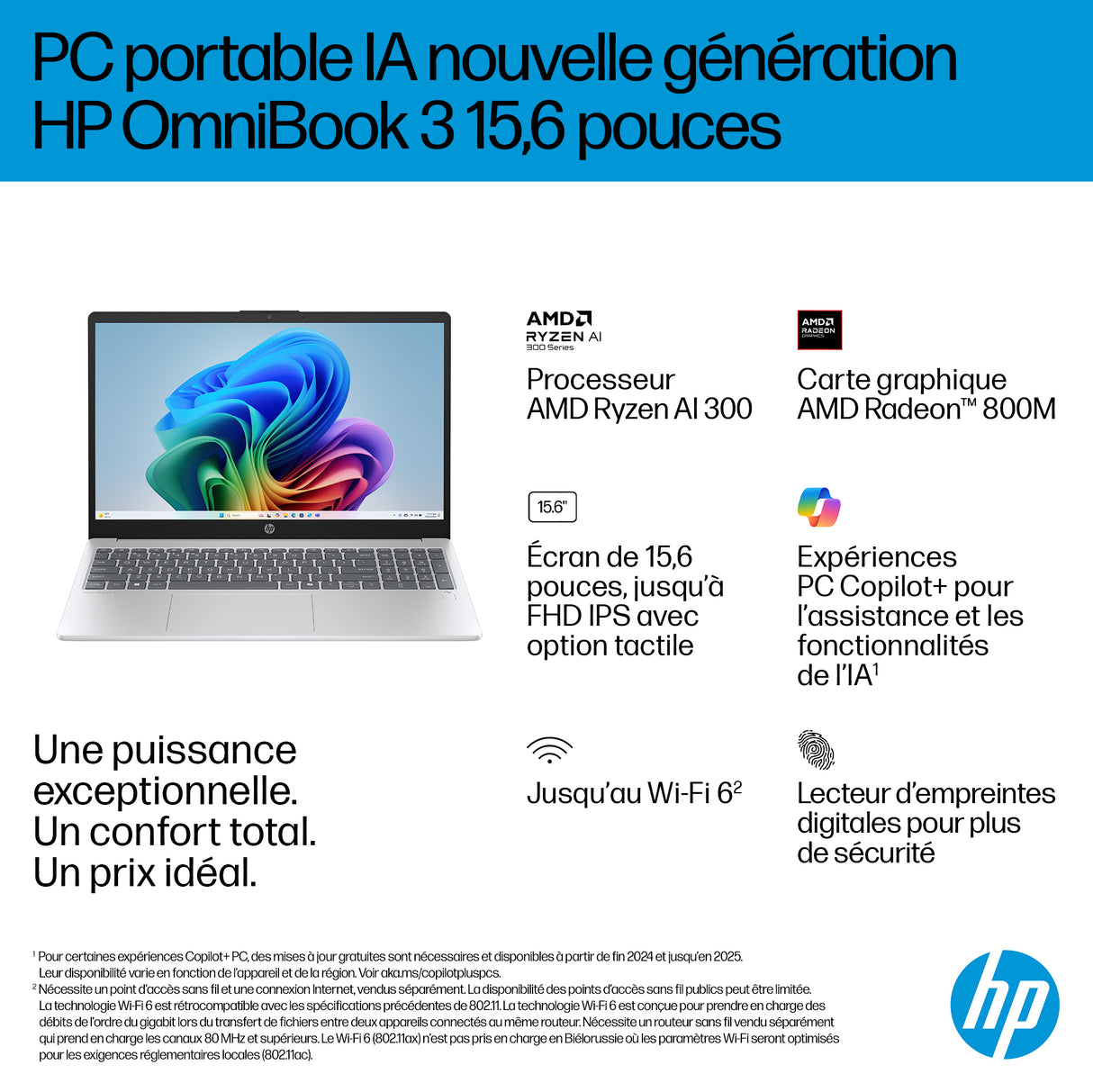 PC Portable HP Omnibook 3 15-fn0027nf - Windows 11 - 15,6 FHD IPS - Ryzen AI 5 330 - RAM 24Go - Stockage 512Go SSD - AZERTY