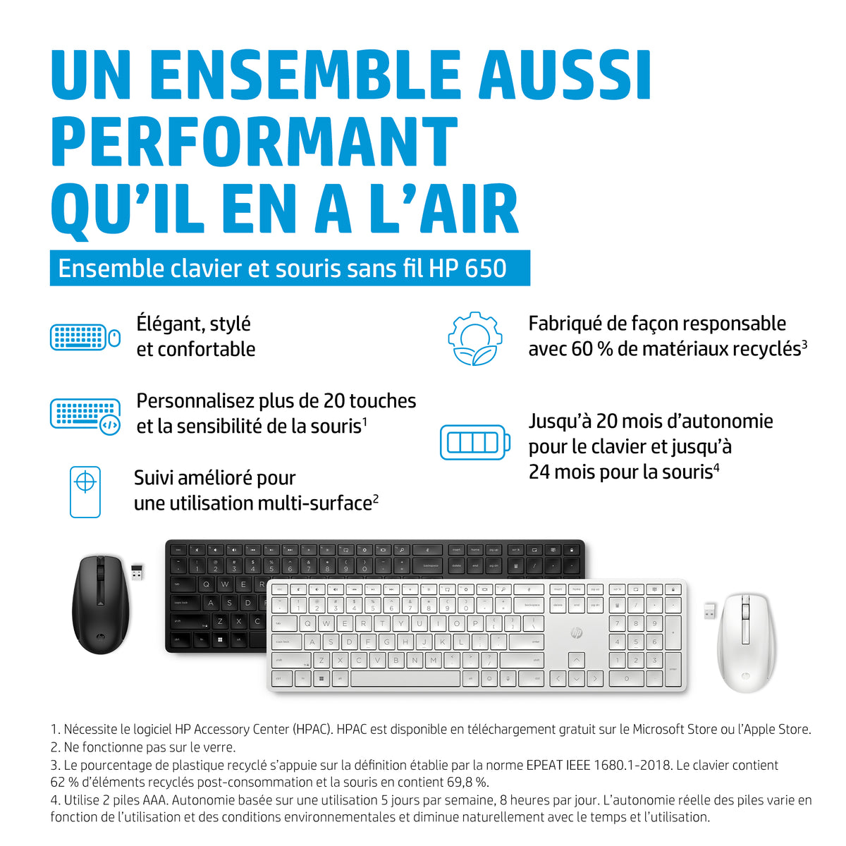 Ensemble Clavier Souris sans fil HP 650 - AZERTY - Noir