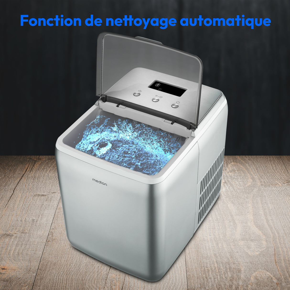 Machine a glaçons cristallins – MEDION MD11950 – Réservoir eau 2,6L – 15kg/24h – 2 tailles – 10 minutes – Inox