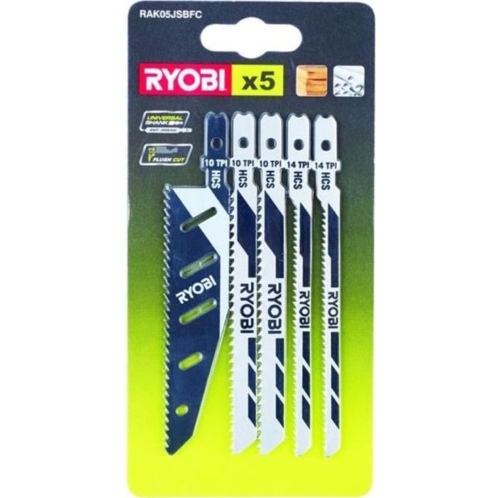 RYOBI - Carte 5 lames scie sauteuse FLUSHCUT bois 10 TPI, chantournage 14 TPI, inversÈ 10 TPI - RAK05JSBFC