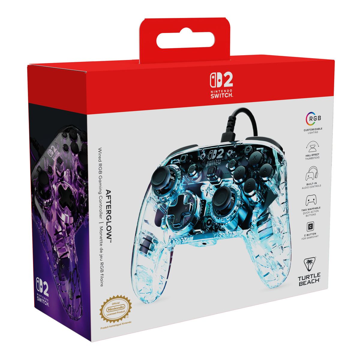 Manette de jeu - Nintendo Switch 2 - Afterglow - RGB - Filaire - Transparent - Turtle Beach
