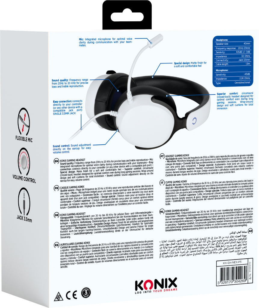 Casque gaming circum-aural - KONIX - Nexus PS5 - Haut-parleurs 40 mm - Microphone intégré - Câble 1,5 m