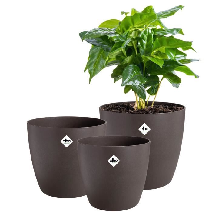 ELHO Lot de 3 pots de fleurs rond The Coffee Collection - Ø14xH12,6cm, Ø16xH14,7cm, Ø18xH16,8 cm - 7 L - Marron