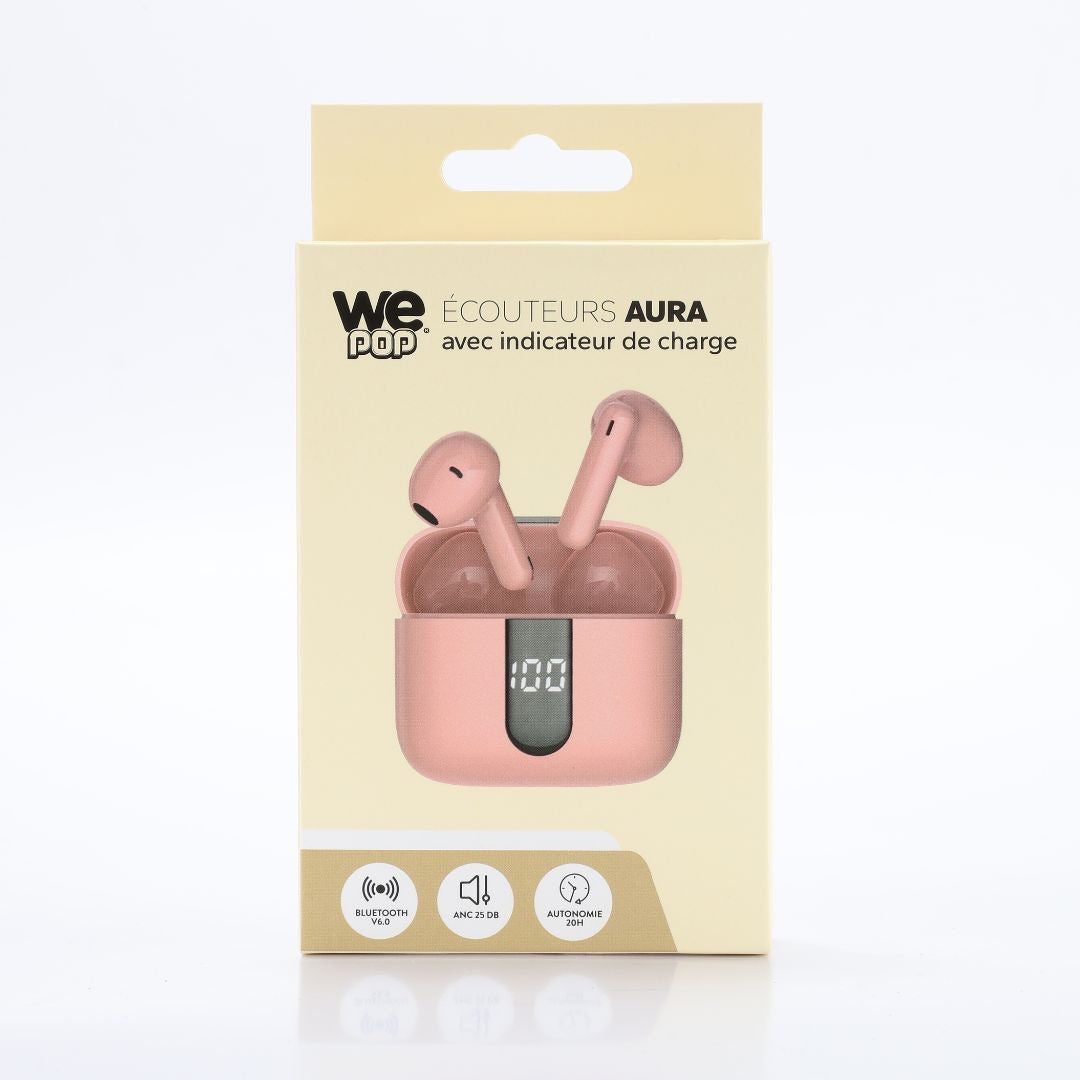 Ecouteurs sans-fil avec indicateur de charge AURA, Bluetooth, batterie intégrée