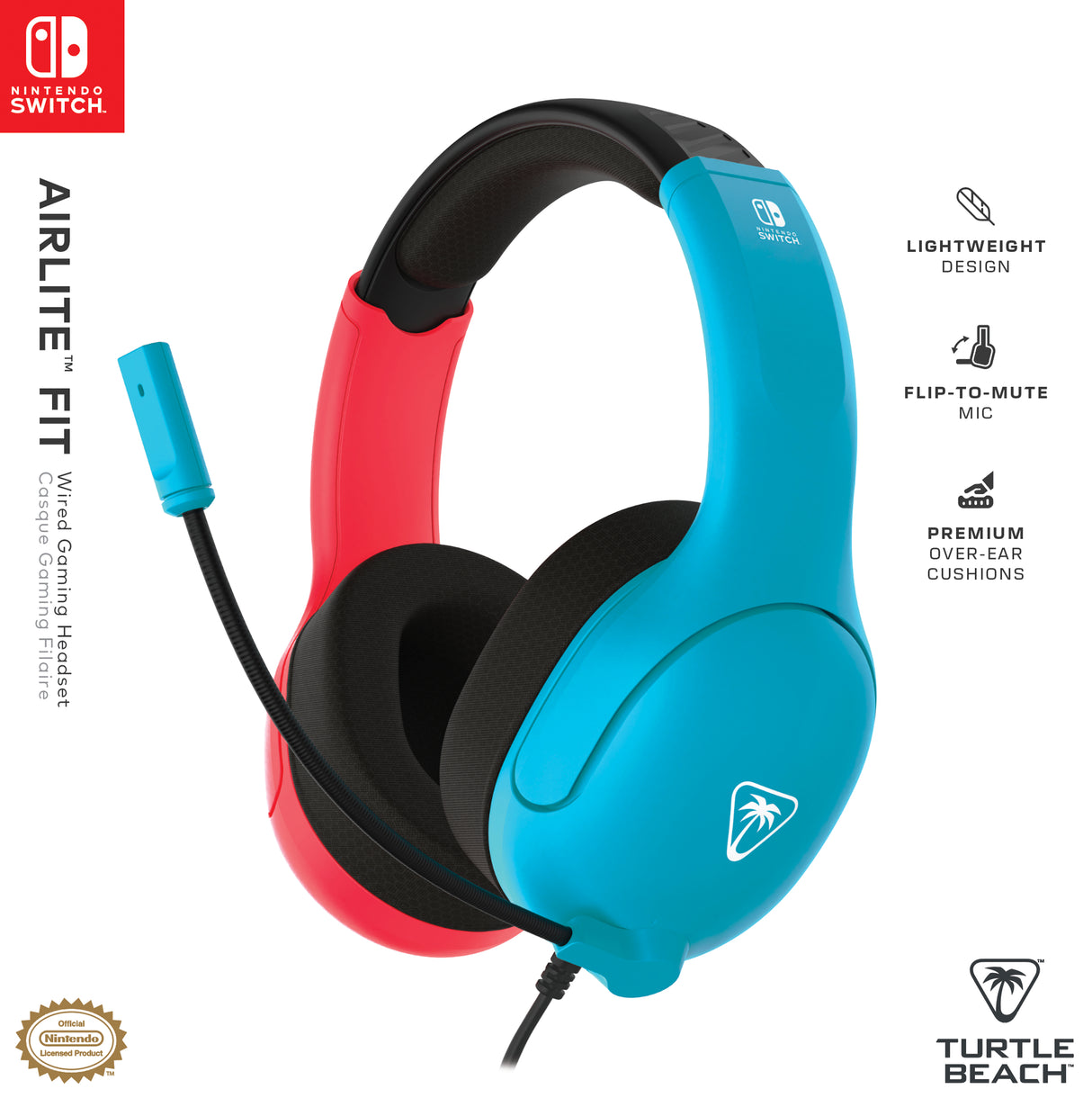 Casque gaming filaire - TURTLE BEACH - TBS-8002-25 - Airlite Fit - Sous licence officielle de Nintendo Switch™ - Bleu fluo et rouge