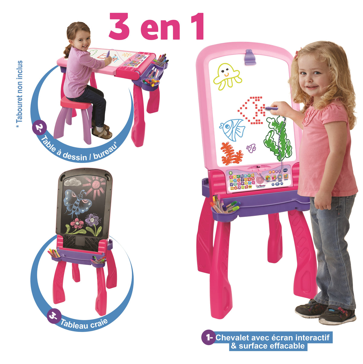 Chevalet Interactif 3 en 1 VTECH - Rose - Pour Fille - A partir de 3 ans
