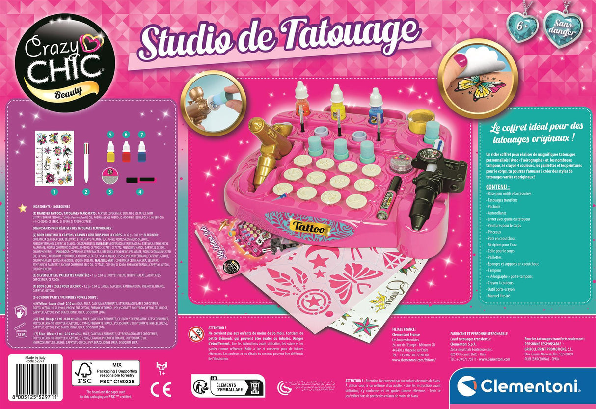 CLEMENTONI - Studio de tatouage temporaires pour enfant - Kit complet - Pochoirs, peintures corps et transfert - Des 7 ans