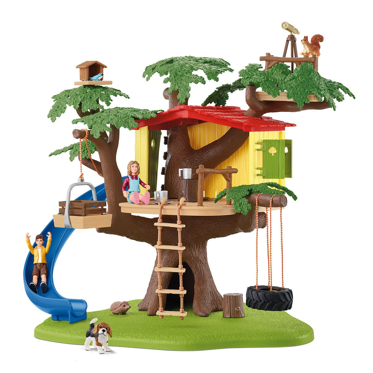 Cabane aventure dans les arbres, coffret de 60 pieces détaillées avec balançoire, 2 figurines d'enfant et figurines d'animaux,