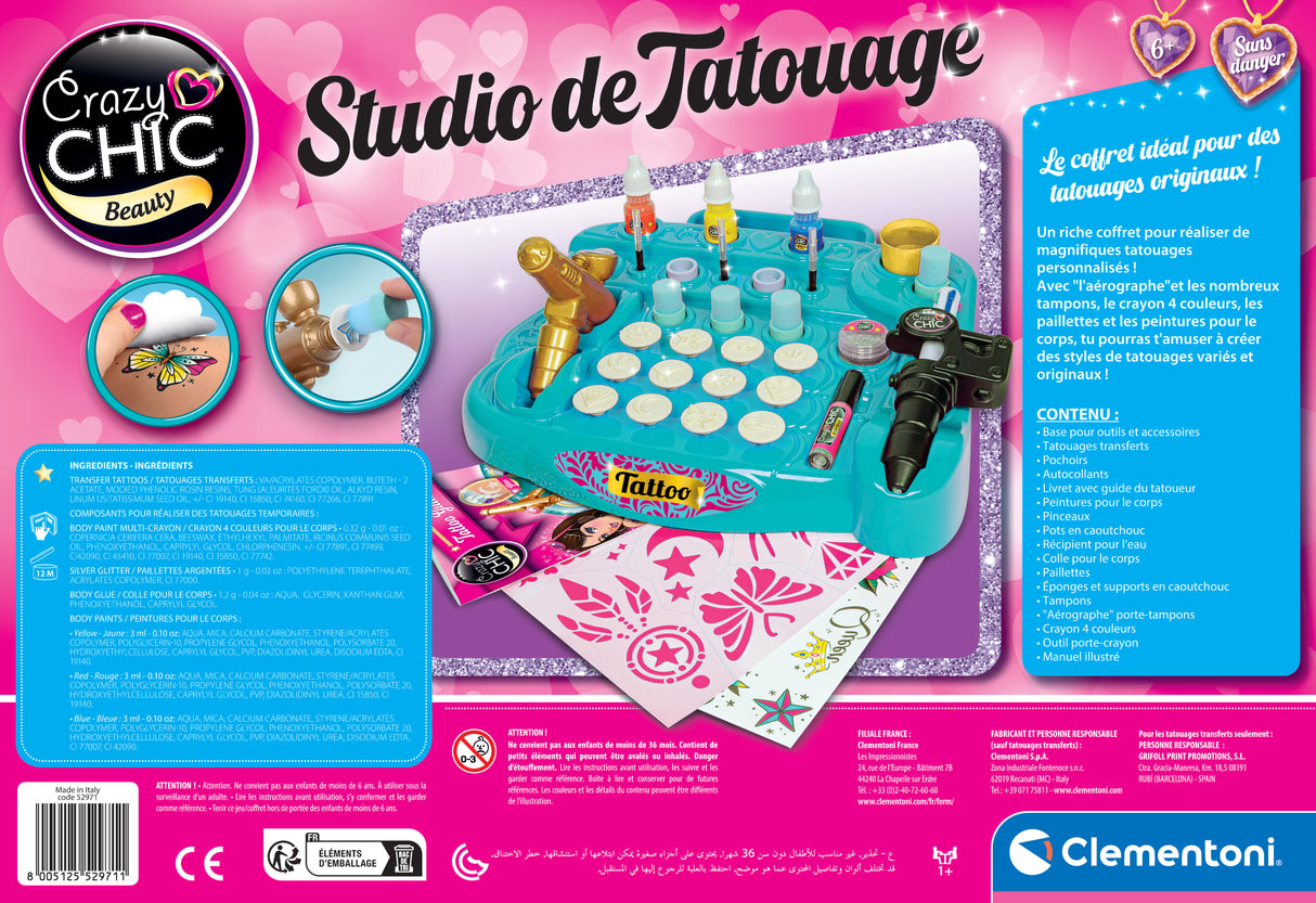 CLEMENTONI - Studio de tatouage temporaires pour enfant - Kit complet - Pochoirs, peintures corps et transfert - Des 7 ans
