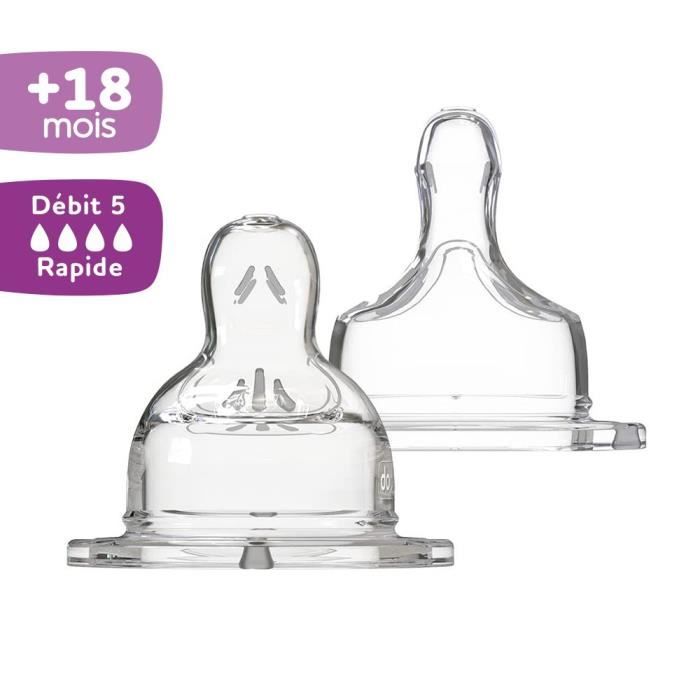 Dodie Biberon Sensation+ Anti-Coliques Tétine Plate Col Large Débit Spécial 18 mois et plus - Lot de 2 tétines