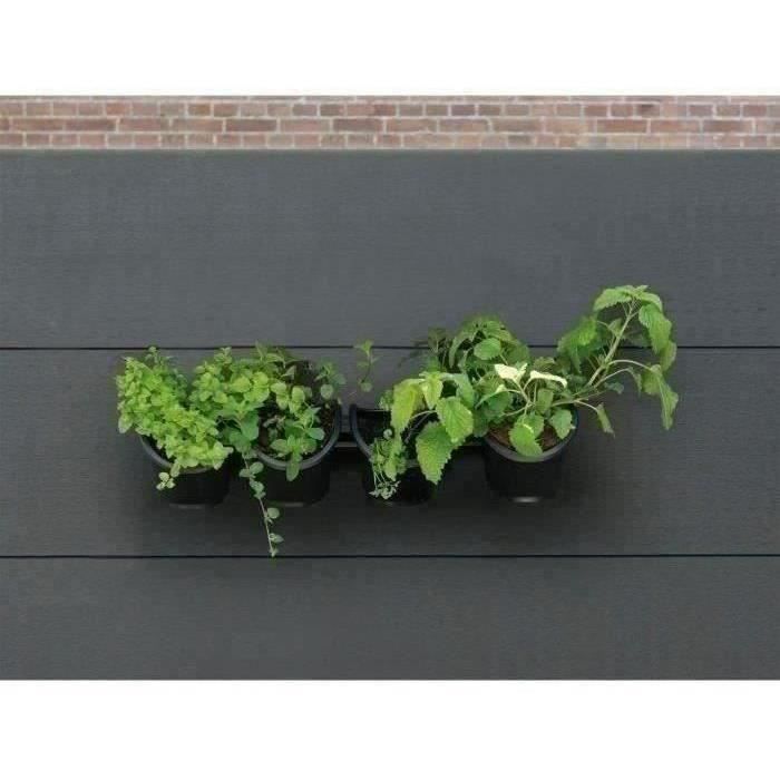 Jardiniere murale - Kit mural composé d'un support mural et de 4 pots (1 L) - Noir - Dim H 15 x L 60 cm - NATURE