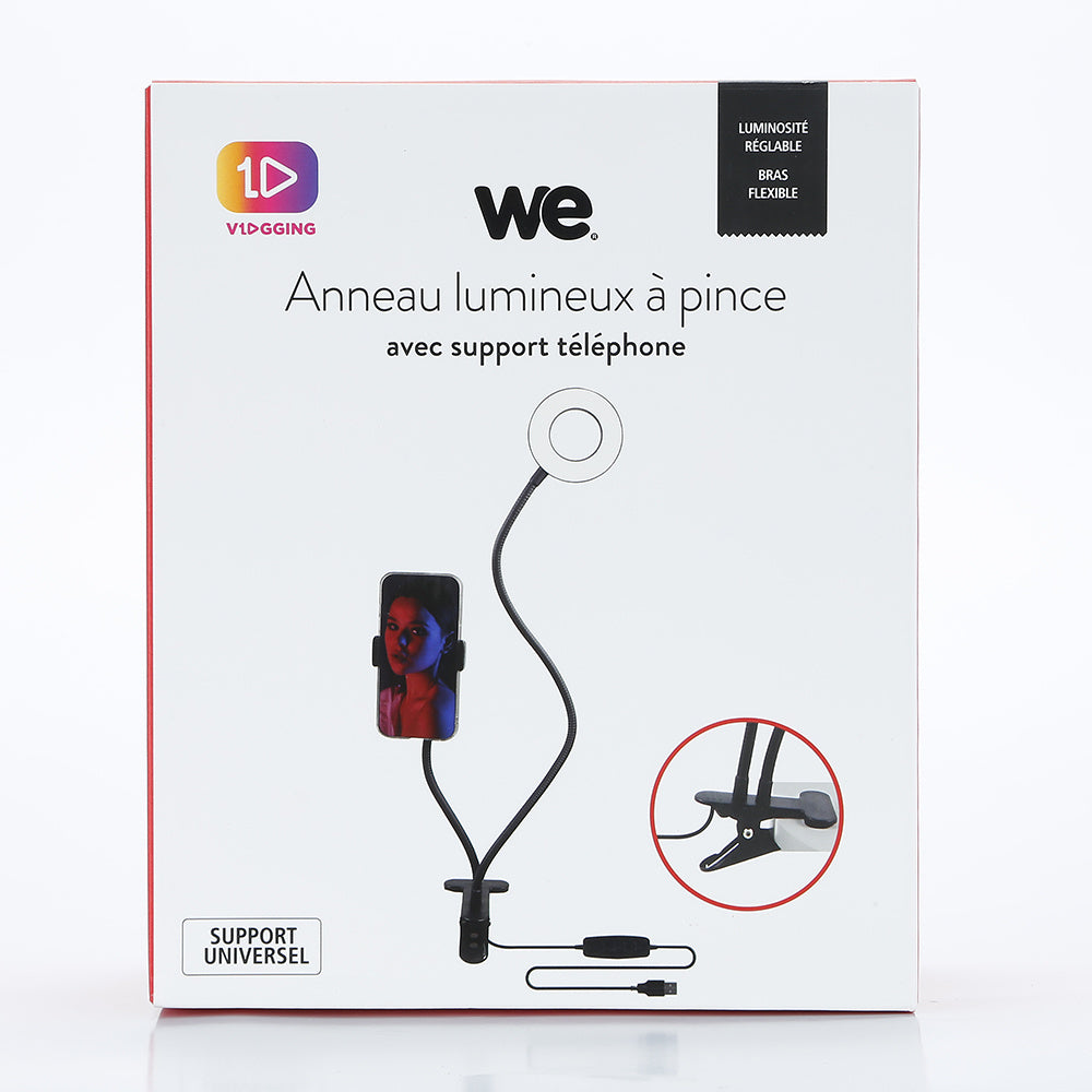 WE Anneau lumineux led avec support téléphone universel et pince d'accroche. 3 m