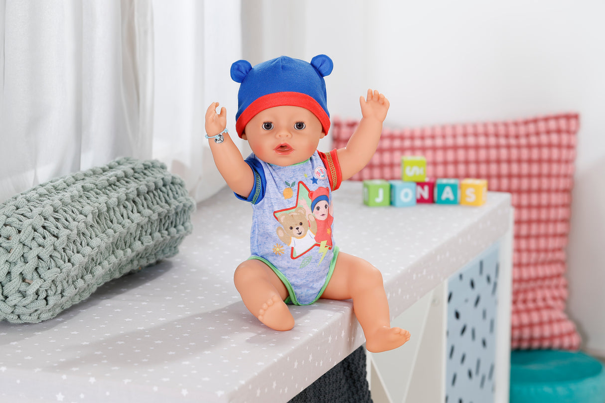Poupon - BABY BORN - Jonas - 10 fonctions réalistes - 10 accessoires - Bleu et Rouge - 43cm - Des 3 ans